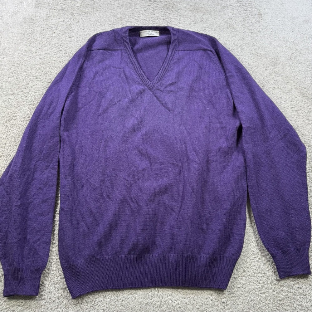 Johnstons Of Elgin Sweater Mens Medium Purple 100% Cashmere Pullover Soft V-Neck